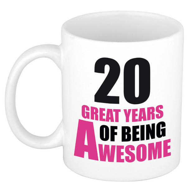 20 great years of being awesome cadeau mok / beker wit en roze- verjaardagscadeau - feest mokken