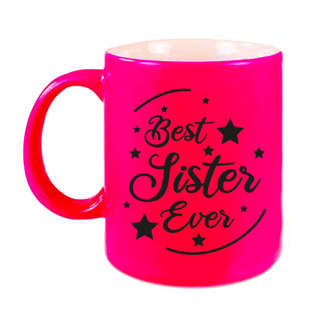 Best Sister Ever cadeau mok / beker neon roze 330 ml - verjaardag / bedankje - kado zus/ zusje - feest mokken