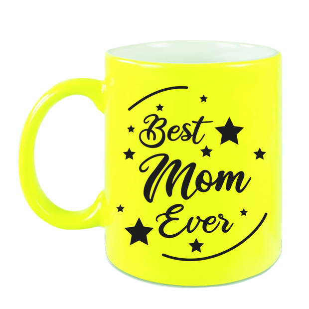 Best Mom Ever cadeau mok / beker neon geel 330 ml - cadeau mama Moederdag / verjaardag - feest mokken