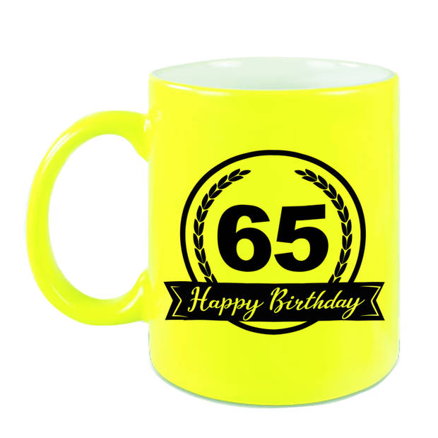 Happy Birthday 65 years met wimpel cadeau mok / beker neon geel 330 ml - feest mokken
