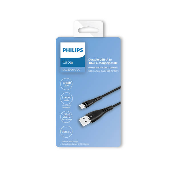 Philips USB Kabel 2.0 - DLC5206A/00 - USB-A - USB-C - Lengte: 2 Meter - Premium Nylon - Zwart