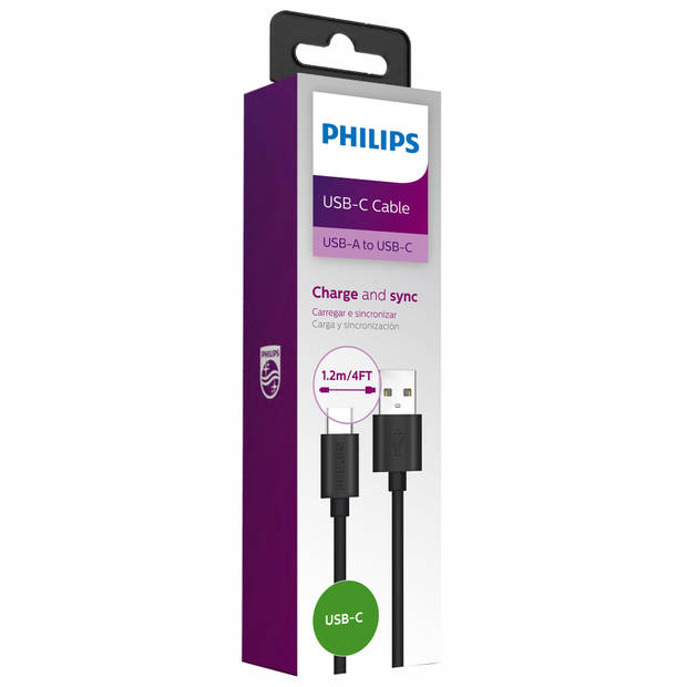Philips USB Kabel 2.0 - USB-A naar USB-C - 1,2 Meter - PVC Zwart