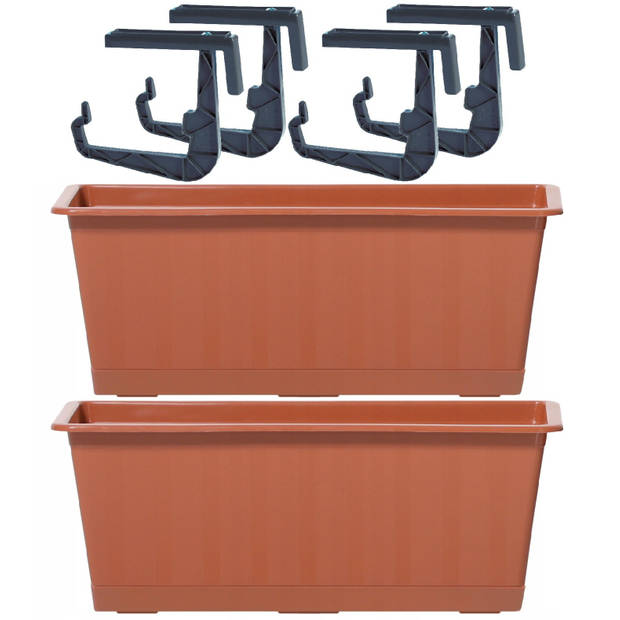 2x Terracotta balkon reling bakken/bloempotten 6,5 liter - Plantenbakken
