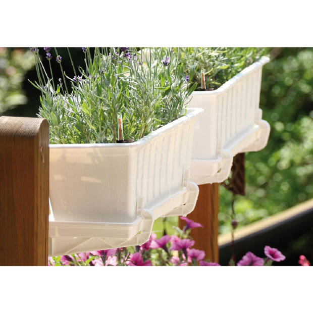 2x Antraciet grijze balkon reling bakken/bloempotten 39 cm met 4x ophangbeugels - Plantenbakken