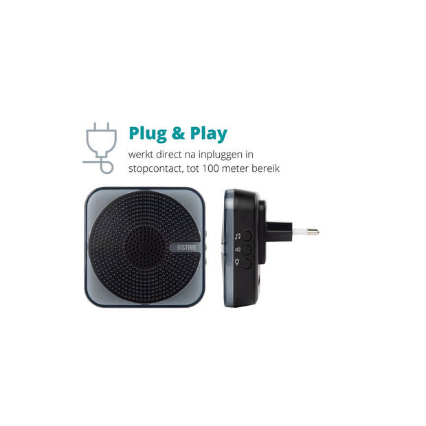 DistinQ Draadloze Deurbel - 2 plug & play ontvangers - LED verlichting voor visuele ondersteuning