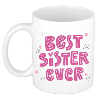 Best sister ever mok / beker wit met roze letters en hartjes - cadeau zus / zusje - feest mokken
