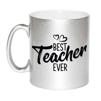 Best teacher ever mok / beker zilver met hartjes - cadeau juf / meester / leraar / lerares - feest mokken