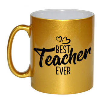 Best teacher ever mok / beker goud met hartjes - cadeau juf / meester / leraar / lerares - feest mokken