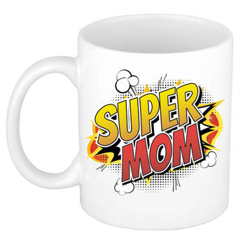 Super mom cadeau mok / beker wit - kado voor mama / moederdag - popart / strip stijl - feest mokken