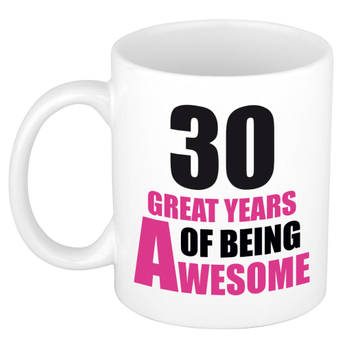 30 great years of being awesome cadeau mok / beker wit en roze - verjaardagscadeau - feest mokken
