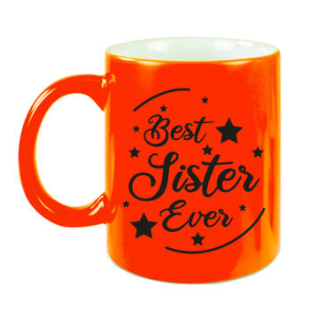 Best Sister Ever cadeau mok / beker neon oranje 330 ml - verjaardag / bedankje - kado zus/ zusje - feest mokken