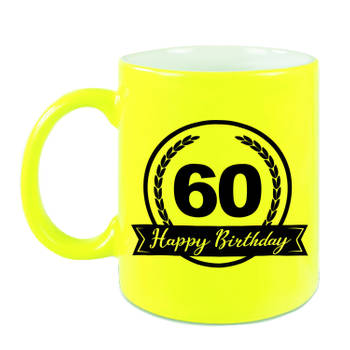 Happy Birthday 60 years met wimpel cadeau mok / beker neon geel 330 ml - verjaardagscadeau - feest mokken