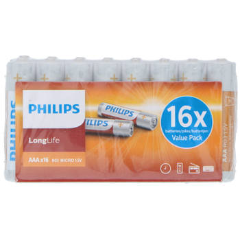 Philips AAA LongLife Batterijen - RO3 Micro 1.5 V LongLife - Alkaline Batterijen Voordeelverpakking 16 Stuks