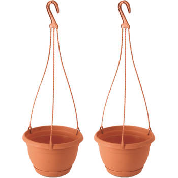 2x Stuks hangende kunststof Agro terracotta bloempot/plantenpot met schotel 3 liter - Plantenpotten