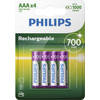PHILIPS AAA-Batterijen - 4 Stuks - HR03 Oplaadbare Batterijen - NiMH 1.2V - 1000 Keer Herladen - 700mAh