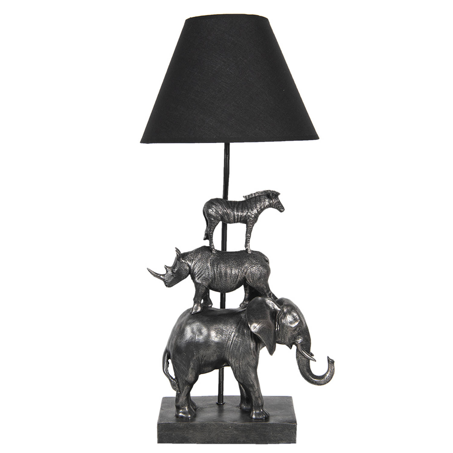 HAES DECO - Tafellamp - City Jungle - met Olifant, Neushoorn en Zebra, formaat 32x27x65 cm - Zilverkleurig met Zwart - Bureaulamp, Sfeerlamp. Nachtlampje