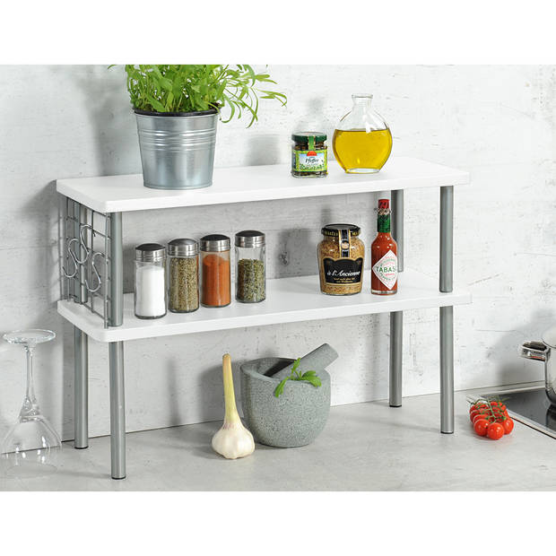 Kesper Keuken aanrecht etagiere - 2 niveaus - hout/metaal - rekje/organizer - 55 x 20 x 38 cm - wit - Keukenhulphouders