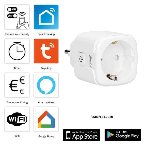 Smart wifi tussenstekker met energiemeter, 16A, 3680W Alecto Wit