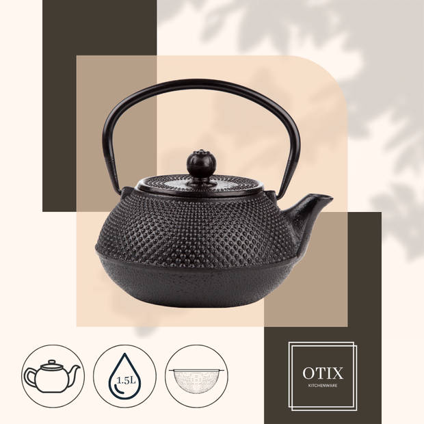 OTIX Japanse Theepot met Filter - Gietijzeren Theepot - Tetsubin - Japans - Zwart - 1.5L - Warmtehoudend