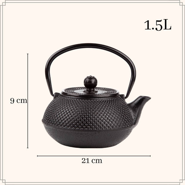 OTIX Japanse Theepot met Filter - Gietijzeren Theepot - Tetsubin - Japans - Zwart - 1.5L - Warmtehoudend