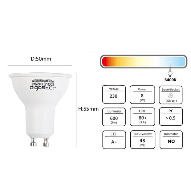Aigostar LED spot - GU10 Fitting - 6400K daglicht wit - 5 stuks