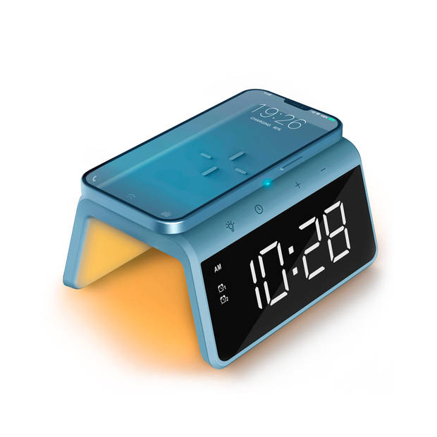 Caliber Jupiter Digitale Wekker met Draadloze Oplader - Dual Alarmklok met Wake Up Light - Pacific Blue (HCG019QI-PB)