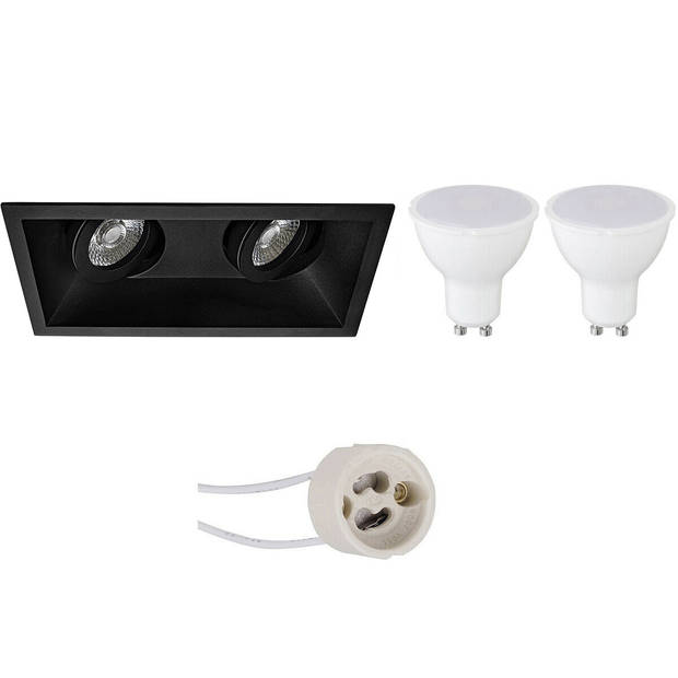 LED Spot Set - Pragmi Zano Pro - GU10 Fitting - Dimbaar - Inbouw Rechthoek Dubbel - Mat Zwart - 6W - Natuurlijk Wit