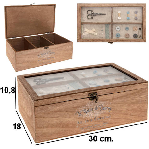 Decopatent® Houten Naaikist - Naaidoos opbergbox 3 vakken - Naaibox