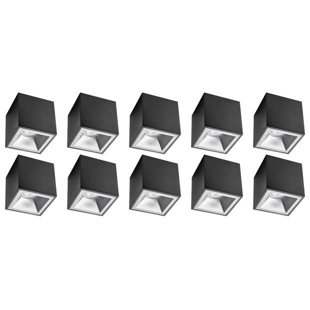 Opbouwspot 10 Pack - Pragmi Cliron Pro - GU10 Fitting - Opbouw Vierkant - Mat Zwart/Zilver - Aluminium - Verdiept -