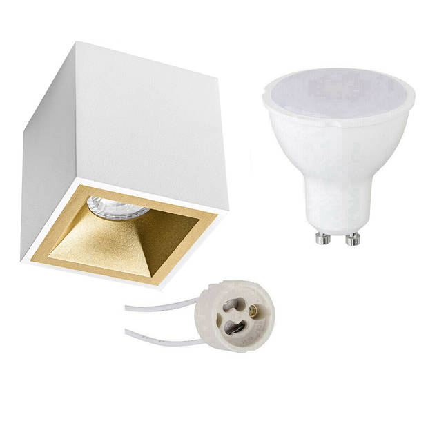 Opbouwspot Set - Pragmi Cliron Pro - GU10 Fitting - Dimbaar - Opbouw Vierkant - Mat Wit/Goud - 6W - Natuurlijk Wit 4200K