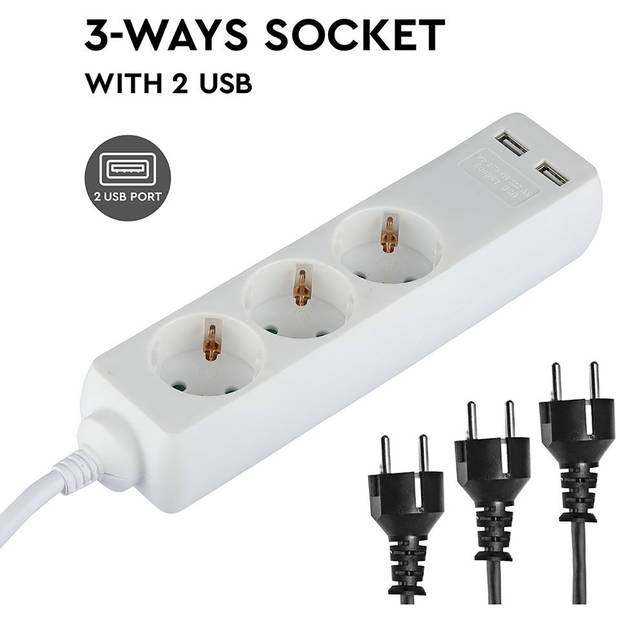 Stekkerdoos met USB - Verlengsnoer met USB - Viron Serino - 3680W - 3 Stopcontacten - 1.5 Meter - Wit Nederland
