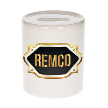 Remco naam / voornaam kado spaarpot met embleem - Naam spaarpotten