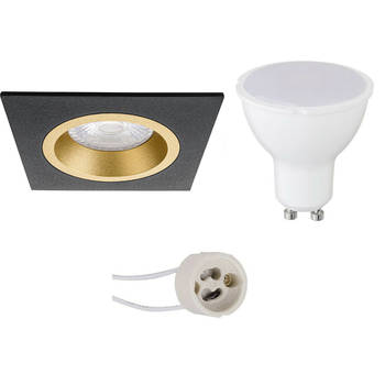 LED Spot Set - Pragmi Rodos Pro - GU10 Fitting - Inbouw Vierkant - Mat Zwart/Goud - 6W - Natuurlijk Wit 4200K - 93mm