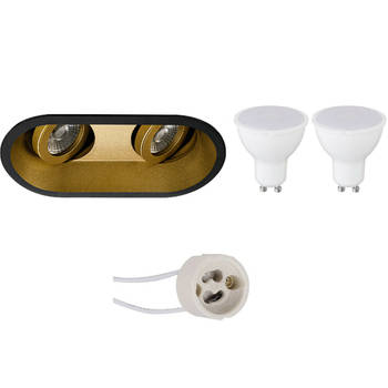 LED Spot Set - Aigi - Pragmi Zano Pro - GU10 Fitting - Inbouw Ovaal Dubbel - Mat Zwart/Goud - 6W - Warm Wit 3000K -
