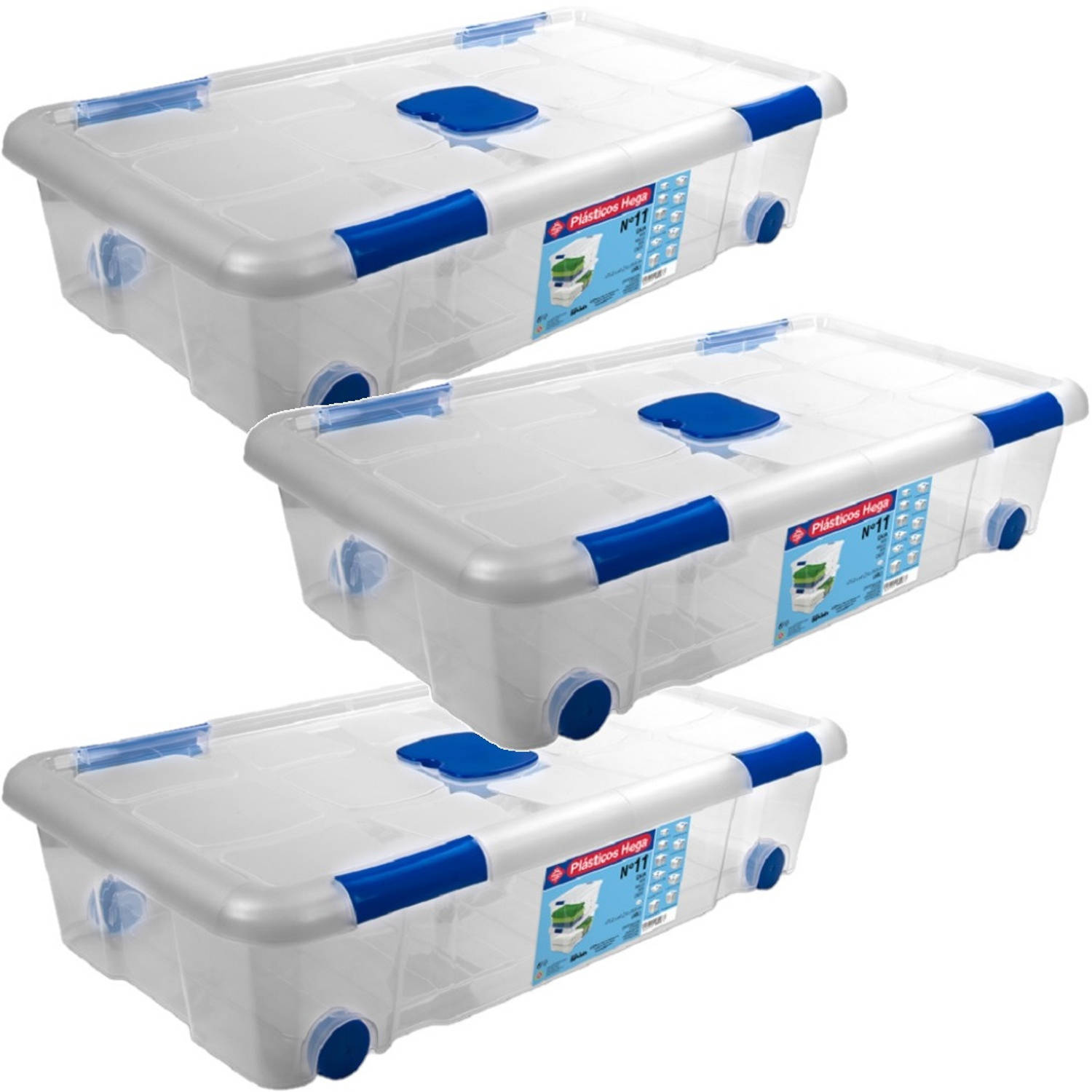 3x Opbergboxen-opbergdozen Met Deksel En Wieltjes 30 Liter Kunststof Transparant-blauw 73 X 41 X 17 