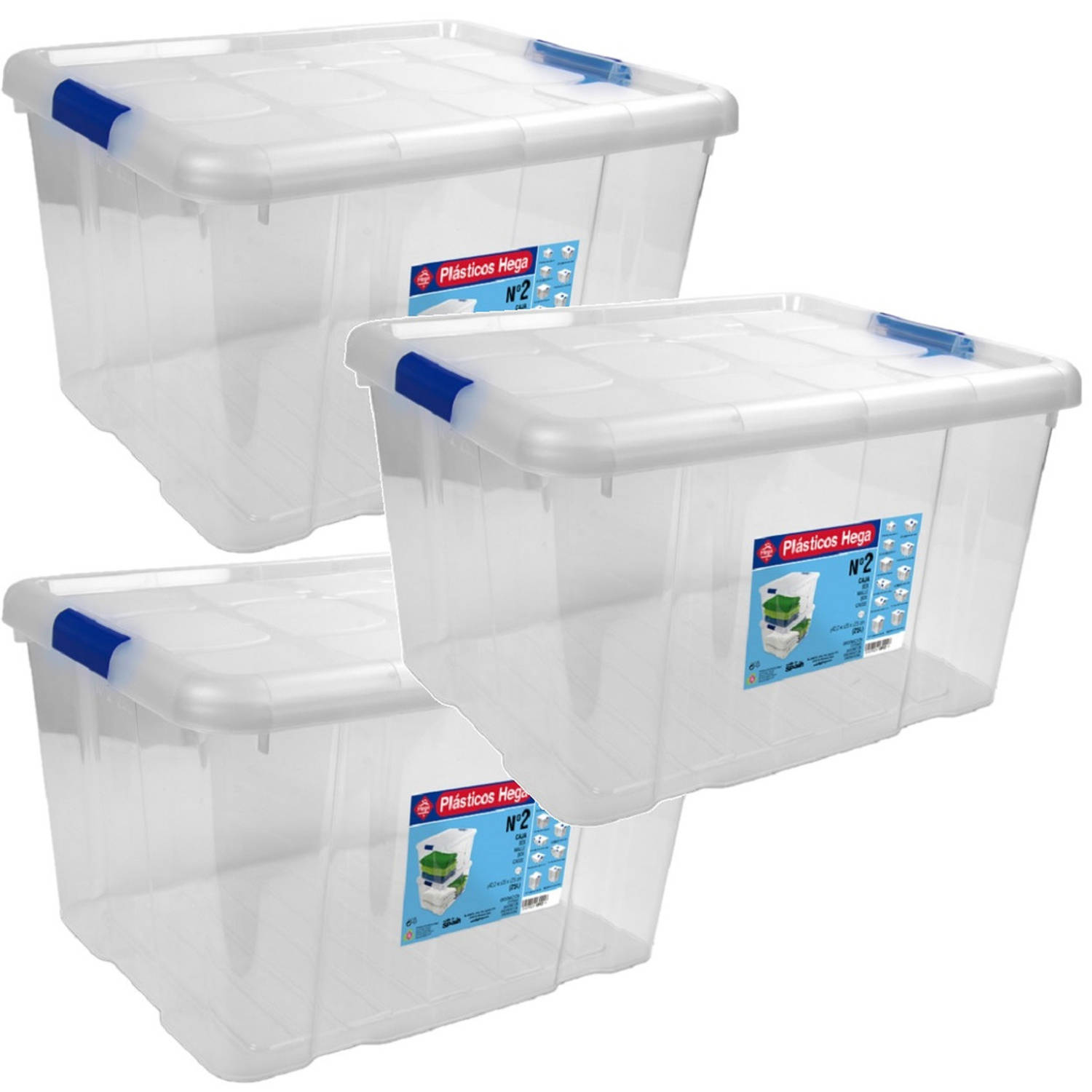 3x Opbergboxen-opbergdozen Met Deksel 25 Liter Kunststof Transparant-blauw 42 X 35 X 25 Cm Opbergbak