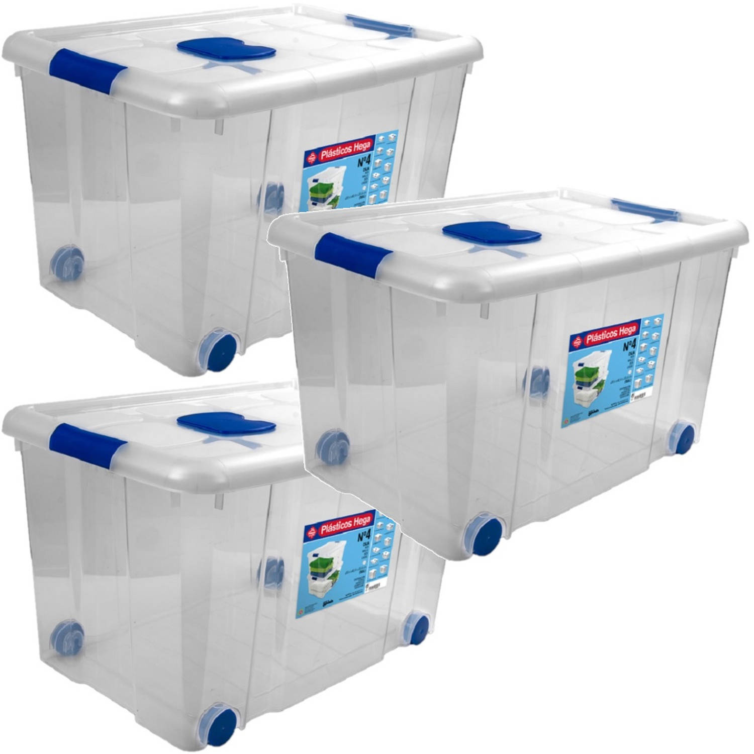 3x Opbergboxen/opbergdozen deksel en wieltjes 55 liter kunststof transparant/blauw Opbergbox | Blokker