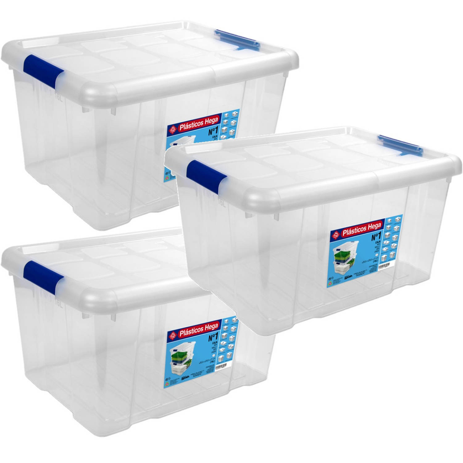 3x Opbergboxen/opbergdozen met deksel 16 liter kunststof transparant/blauw - Opbergbox