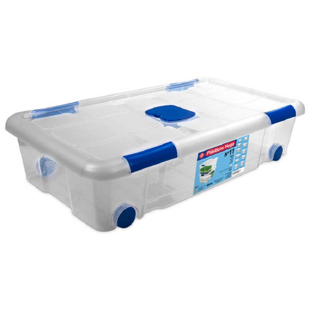 2x Opbergboxen/opbergdozen met deksel en wieltjes 30 liter kunststof transparant/blauw - Opbergbox