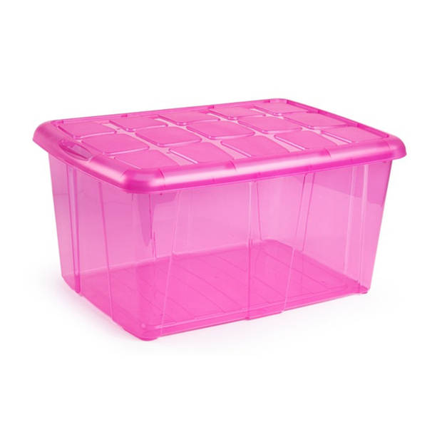 3x Opslagbakken/organizers met deksel 60 liter 63 x 46 x 32 transparant roze - Opbergbox