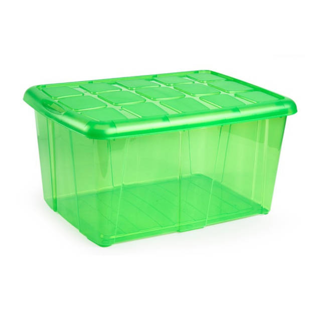 2x Opslagbakken/organizers met deksel 60 liter 63 x 46 x 32 transparant groen - Opbergbox