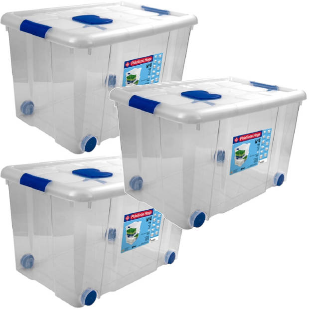 3x Opbergboxen/opbergdozen met deksel en wieltjes 55 liter kunststof transparant/blauw - Opbergbox