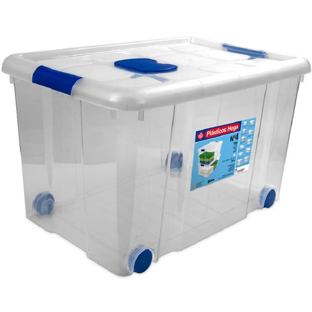 3x Opbergboxen/opbergdozen met deksel en wieltjes 55 liter kunststof transparant/blauw - Opbergbox