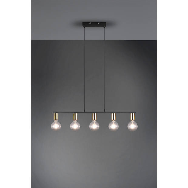 LED Hanglamp - Trion Zuncka - E27 Fitting - 5-lichts - Rechthoek - Mat Zwart/Goud - Aluminium