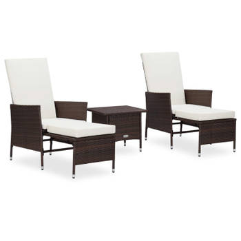 vidaXL 3-delige Loungeset met kussens poly rattan bruin