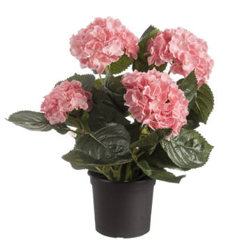 Roze hortensia Hydrangea kunstplant in zwarte kunststof pot 44 cm - Kunstplanten