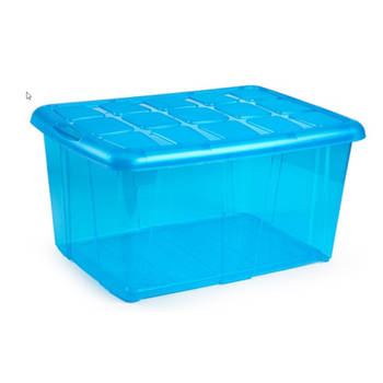 1x Opslagbakken/organizers met deksel 60 liter 63 x 46 x 32 transparant blauw - Opbergbox