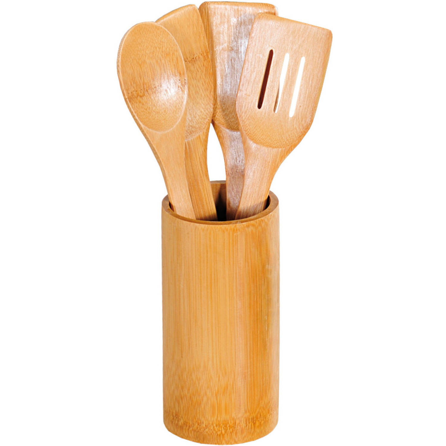 Bamboe houten keukengerei set spatels en lepels ronde houder - Keukengerei | Blokker