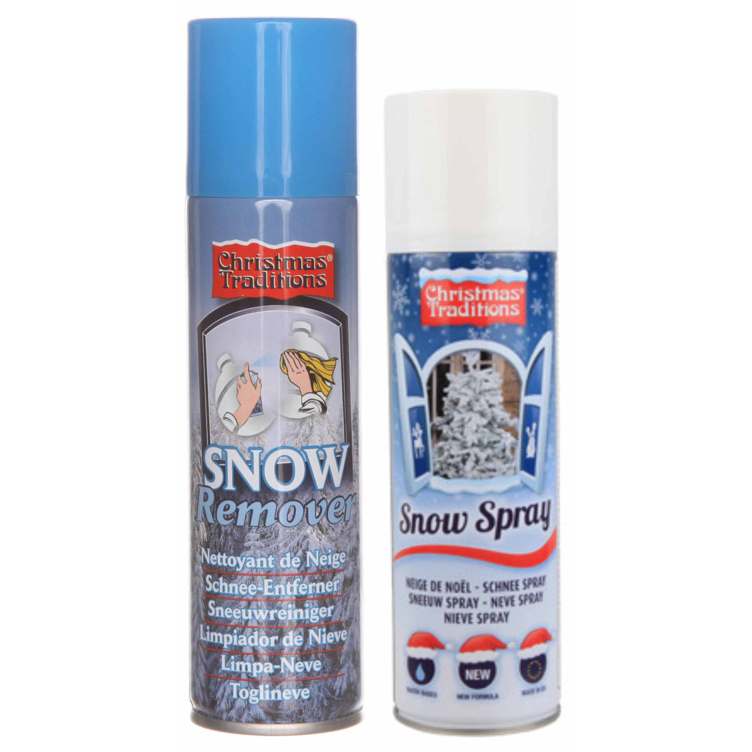 Kunstsneeuw spray set 1x sneeuw spuitbus 600 ml en 1x verwijderaar spuitbus 125 ml - Decoratiesneeuw