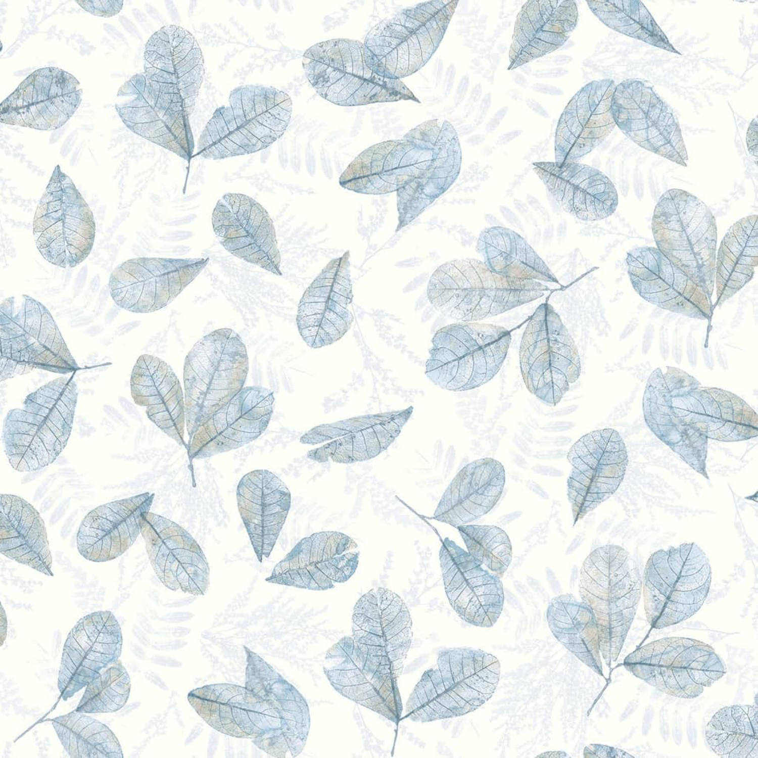 Evergreen Behang Leaves wit en blauw